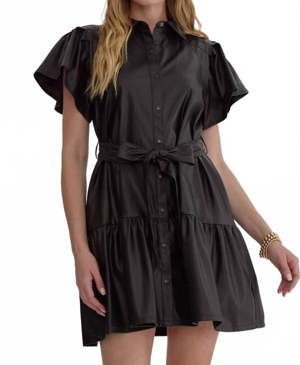 NEW ENTRO faux leather short sleeve belted dress in black